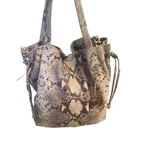 Michael Kors Python Embossed Leather Drawstring Bucket Tote Satchel Shoulder Bag - Picture 5 of 16